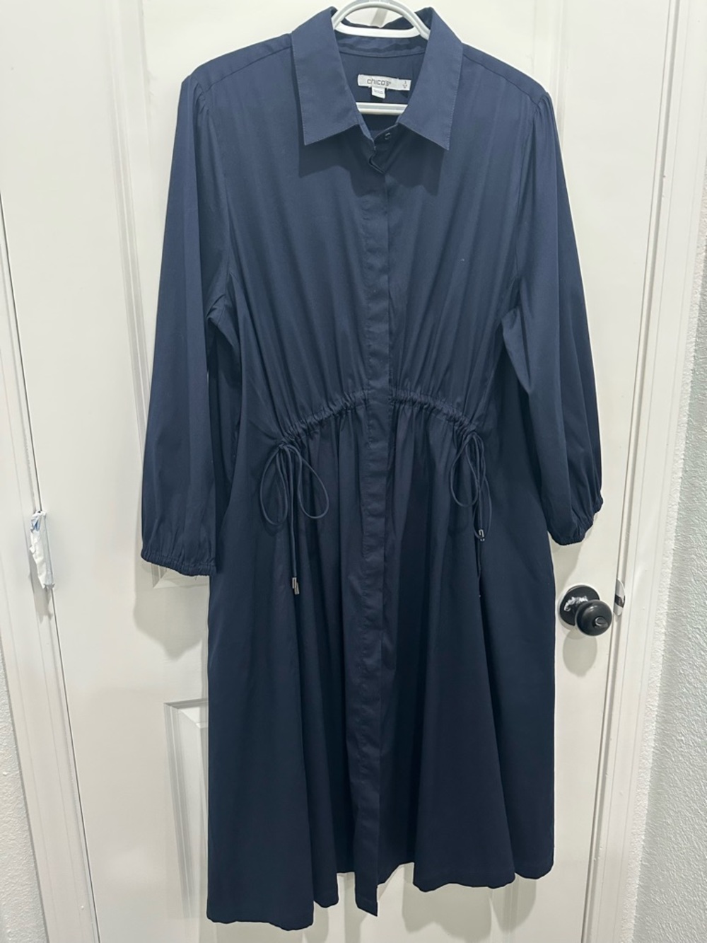Chico's Navy Drawstring-Waist Long Sleeve Button Up Shirt Dress